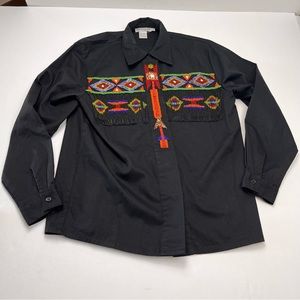 Lew Magram Womens Size 8 Black‎ Retro Beaded Fringe Shirt Western Aztec Indian